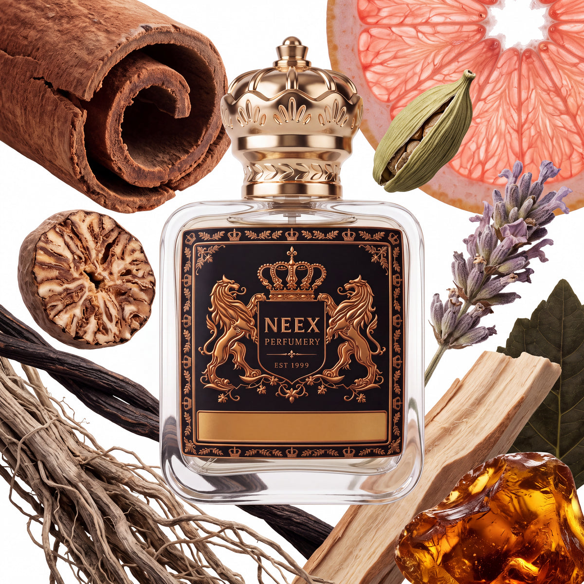 Neex Perfumery perfume bottle featuring an ornate gold crown cap and a sleek black crest label with gold metallic detailing, surrounded by rich aromatic ingredients including a curl of cinnamon bark, whole nutmeg, green cardamom pod, vibrant pink grapefruit wheel, sprig of lavender, dark vanilla beans, vetiver roots, licorice root, sandalwood block, green leaf, and translucent golden amber resin.