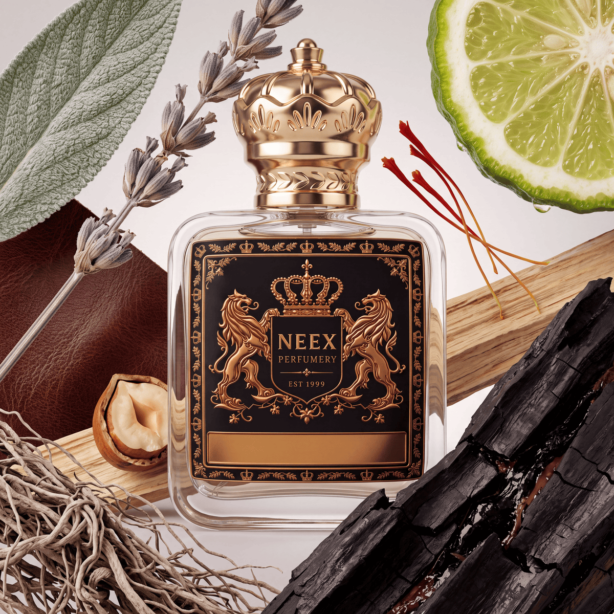 Neex Perfumery perfume bottle featuring an ornate gold crown cap and a dark black crest label with gold metallic heraldry, compositionally styled alongside a fresh bergamot cross-section, a sage leaf, a lavender sprig, delicate red saffron threads, a cracked hazelnut, rich dark leather, light wood planks, vetiver roots, and a large piece of charred wood with glossy sap resin.