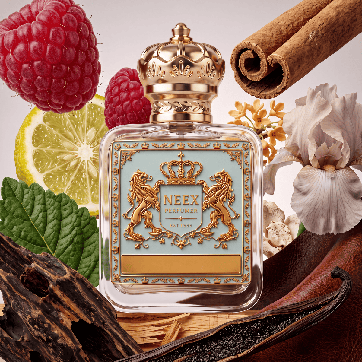 Neex Perfumery perfume bottle featuring an ornate gold crown cap and a light pastel blue crest label with gold metallic detailing, surrounded by plump red raspberries, a slice of fresh lime, green leaves, cinnamon sticks, small orange blossoms, a soft purple iris flower, dark vanilla pods, weathered dark wood, and rolled brown leather.   
