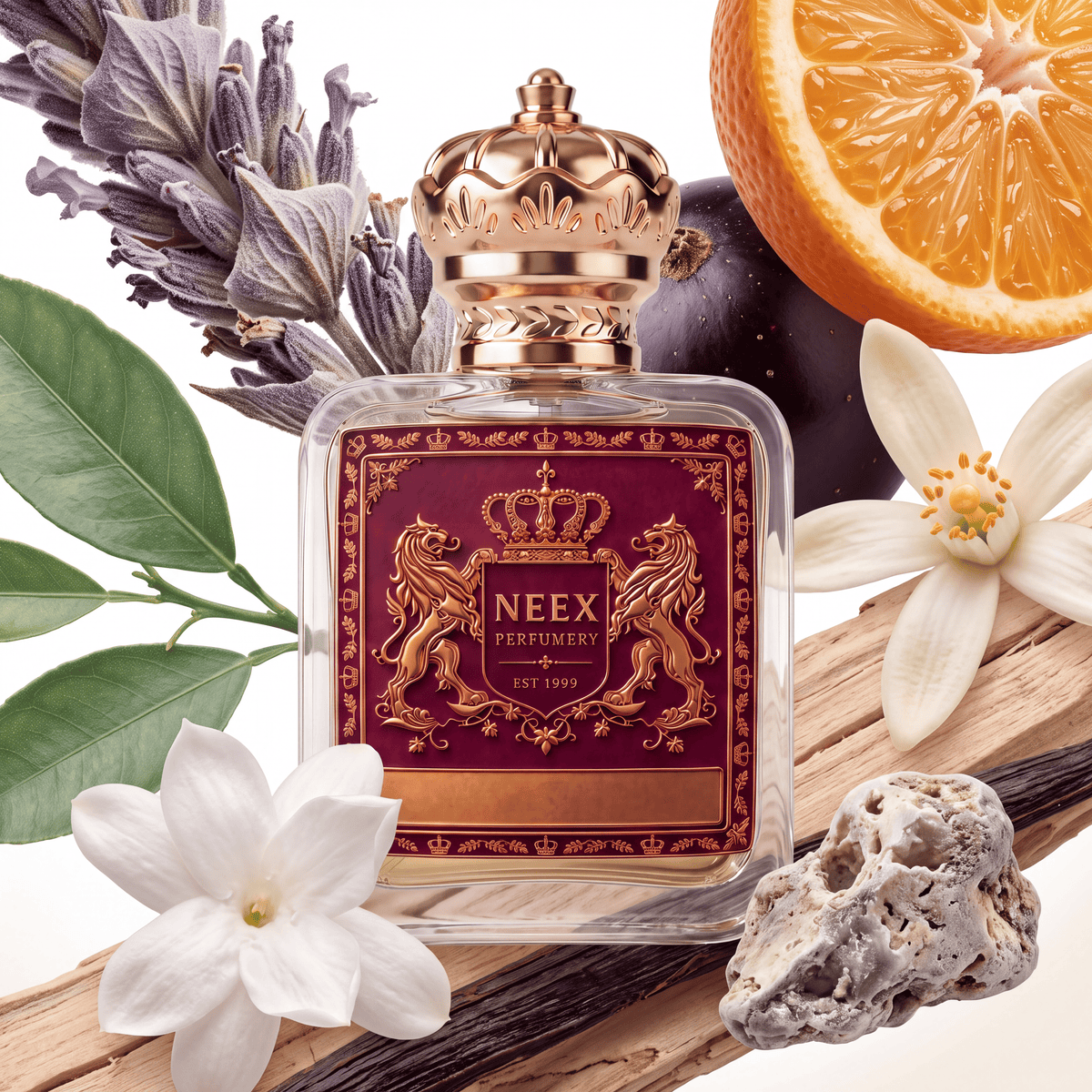 Neex Perfumery perfume bottle topped with an ornate gold crown cap and featuring a deep burgundy-red crest label with gold metallic heraldry, surrounded by dried lavender stalks, green citrus leaves, a dark round fruit, a sliced orange wheel, white floral blossoms, wooden slats, a porous stone, and a cured vanilla pod.   