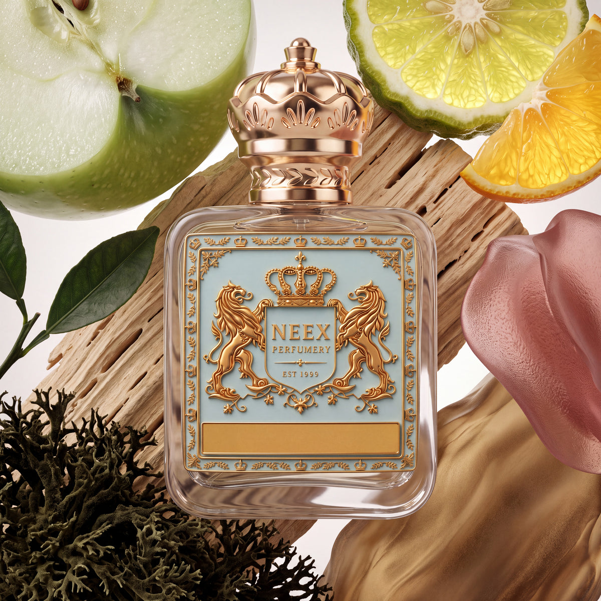 Neex Perfumery perfume bottle featuring an ornate gold crown cap and a light pastel blue crest label with gold metallic heraldry, compositionally styled alongside a sliced green apple, a bergamot cross-section, an orange slice, green leaves, dark forest moss, driftwood, and soft pinkish rose petals against a light neutral backdrop.