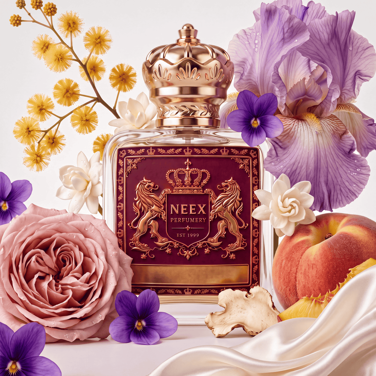 Neex Perfumery fragrance bottle styled in an ingredient flat-lay surrounded by a large dusty pink rose, soft purple irises, deep violet violets, bright yellow mimosa sprigs, white jasmine flowers, a whole fuzzy peach with a cut slice, and dry roots on draped white silk fabric.