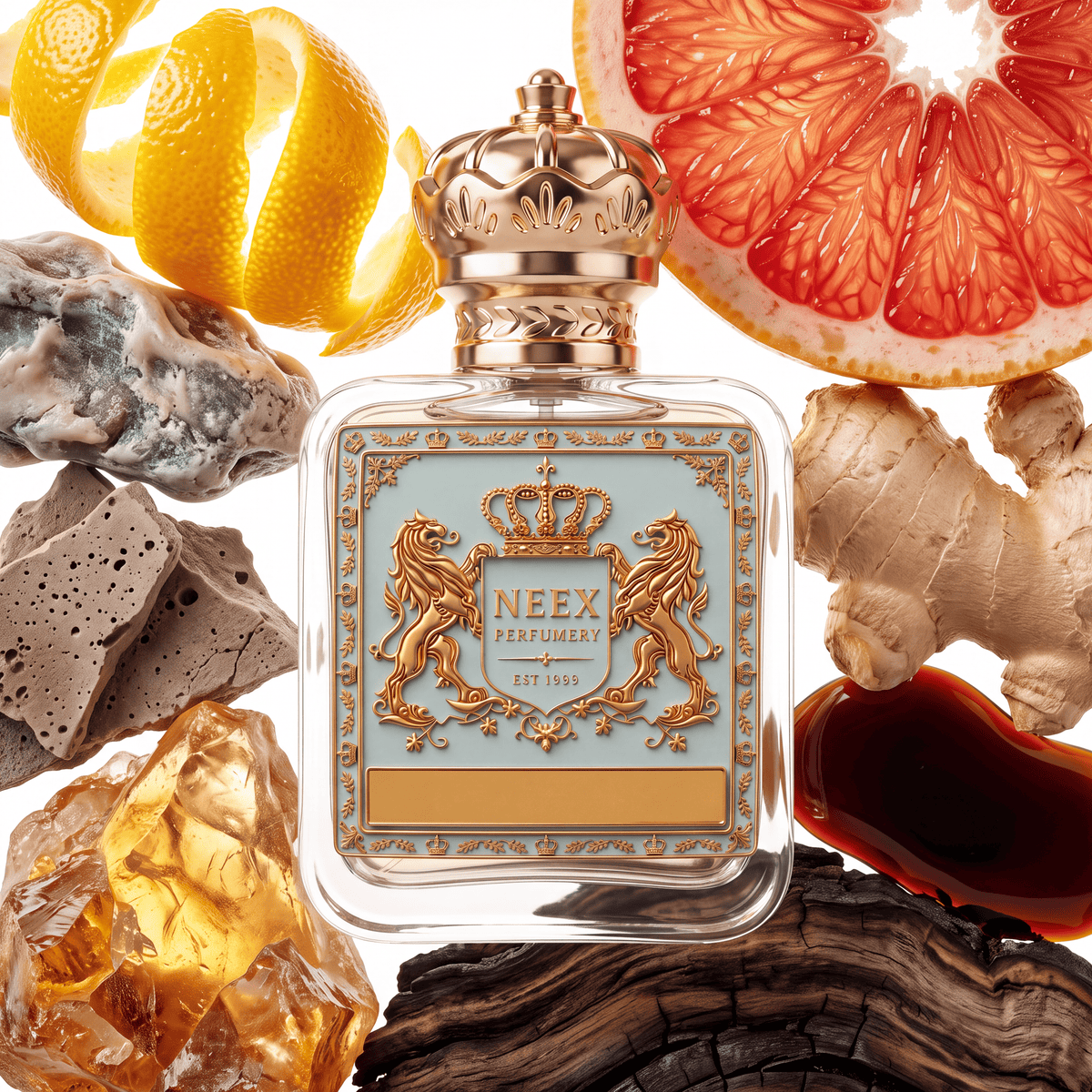Neex Perfumery perfume bottle featuring an ornate gold crown cap and a light pastel blue crest label with gold metallic heraldry, surrounded by a sliced red grapefruit, spiraled lemon peel, raw ginger root, amber resin, charred wood, natural minerals, and a drop of dark balsam syrup.