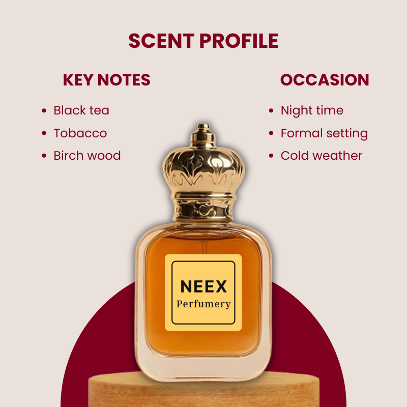 Luxury leather fragrance with black tea, tobacco, and birch wood – bold & sophisticated.