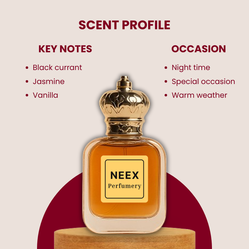 Powerful amber floral fragrance with a vibrant heart of jasmine, a hint of black currant, and a warm vanilla base – chic & empowering.