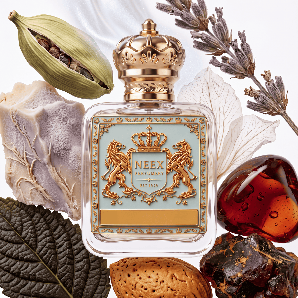 Neex Perfumery perfume bottle topped with an ornate gold crown cap and featuring a light pastel blue crest label with gold metallic heraldry, surrounded by an open green cardamom pod with dark seeds, dried lavender stems, white floral petals, a deep red polished amber stone, dark resin chunks, an almond, a textured green leaf, and a pale mineral stone with organic veining.   