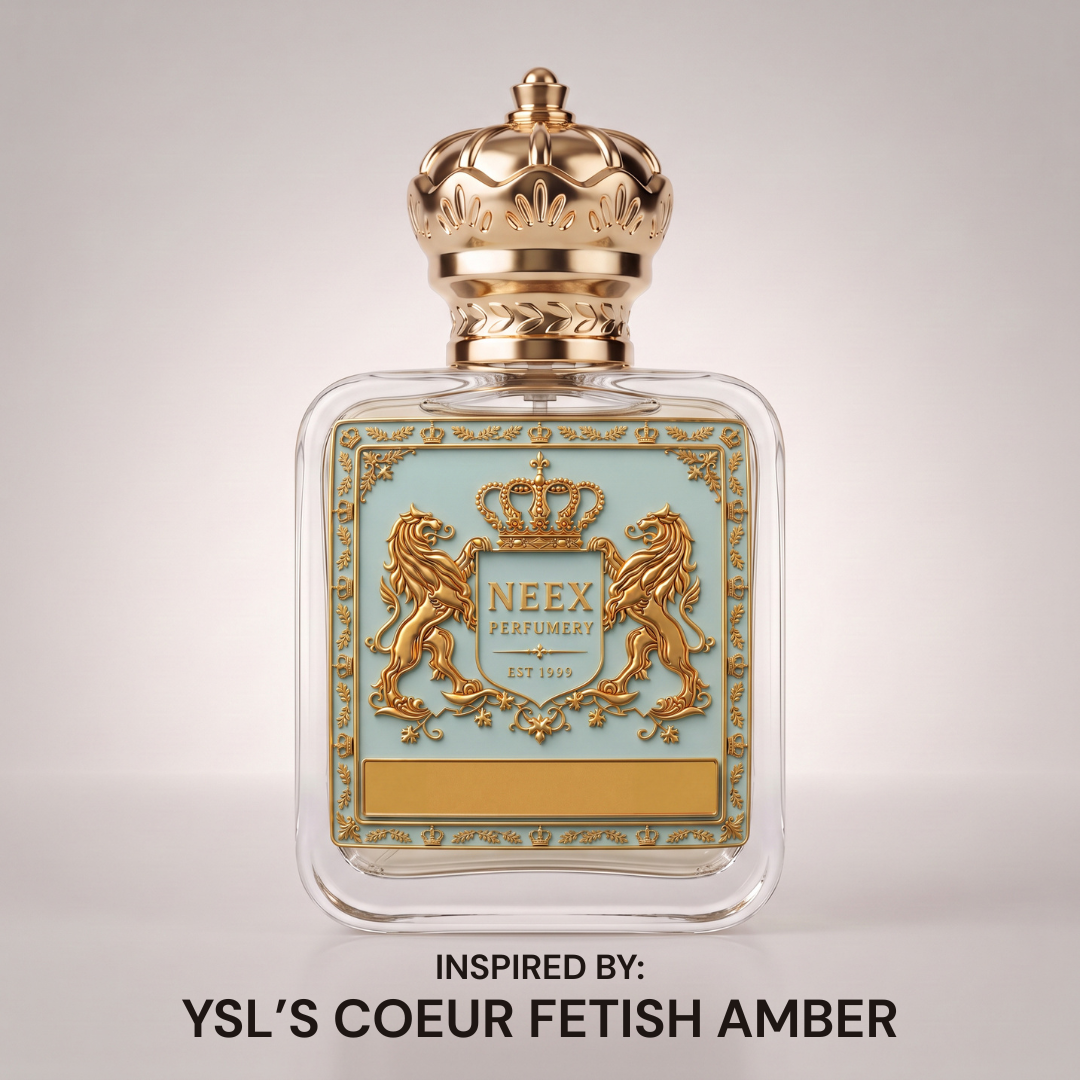 Neex Perfumery luxury perfume bottle with gold crown cap and pastel blue crest label, inspired by YSL's Coeur Fetish Amber, set against a clean white background. 