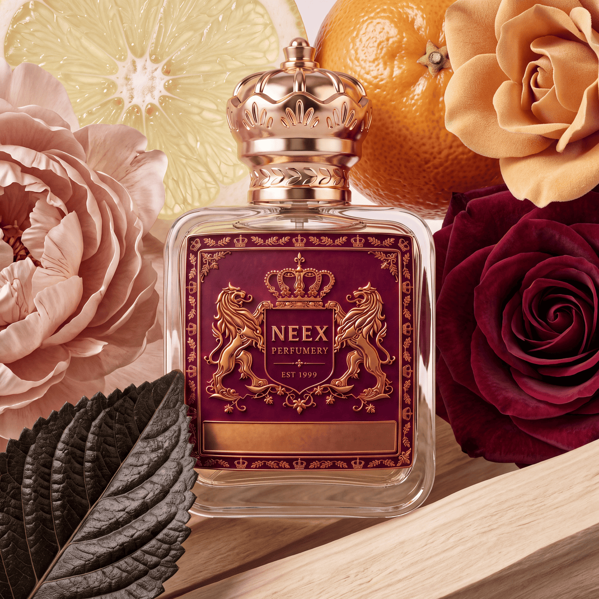Neex Perfumery perfume bottle topped with a gold crown cap and featuring a deep burgundy-red crest label with gold heraldry, resting on light wooden slats surrounded by a pale pink peony, a juicy sliced citrus wheel, a whole ripe orange, a golden gardenia blossom, a deep crimson rose, and a textured dark patchouli leaf.   