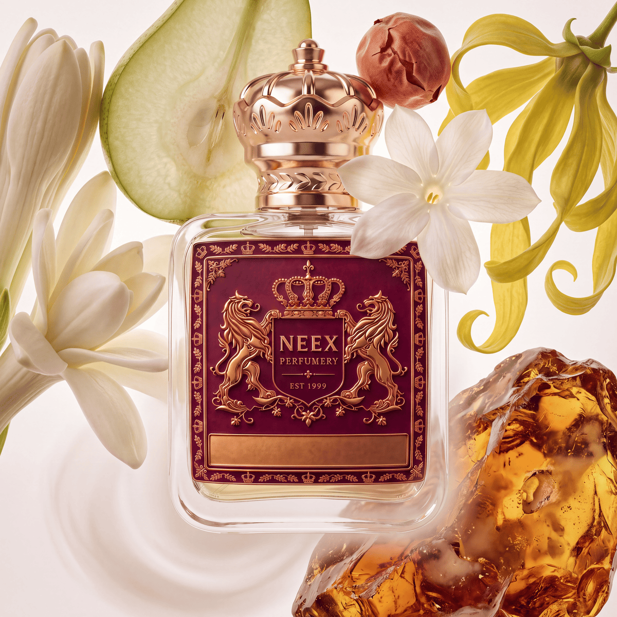 Neex Perfumery perfume bottle topped with an ornate gold crown cap and featuring a deep burgundy-red crest label with gold metallic heraldry, surrounded by lush white tuberose buds, a sliced green pear, a small dried botanical bud, a star-shaped white jasmine flower, cascading yellow ylang-ylang petals, and a large chunk of glowing golden amber resin set over a swirling milky surface.