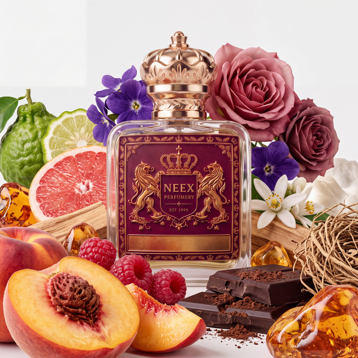 Neex Forbidden Bloom fragrance bottle styled alongside fresh peach slices, raspberries, bergamot, pink grapefruit, dark chocolate squares with cocoa powder, dusty pink roses, purple violets, orange blossoms, vetiver, and amber resin.