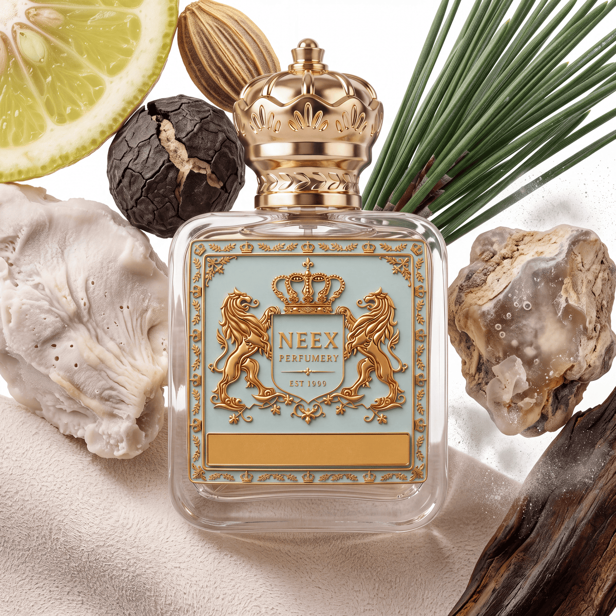 A square glass perfume bottle with a gold crown cap and ornate gold label, surrounded by natural props including a lime slice, mushrooms, pinecones, and seashells on a light neutral surface. The label reads NEEX PERFUMES.