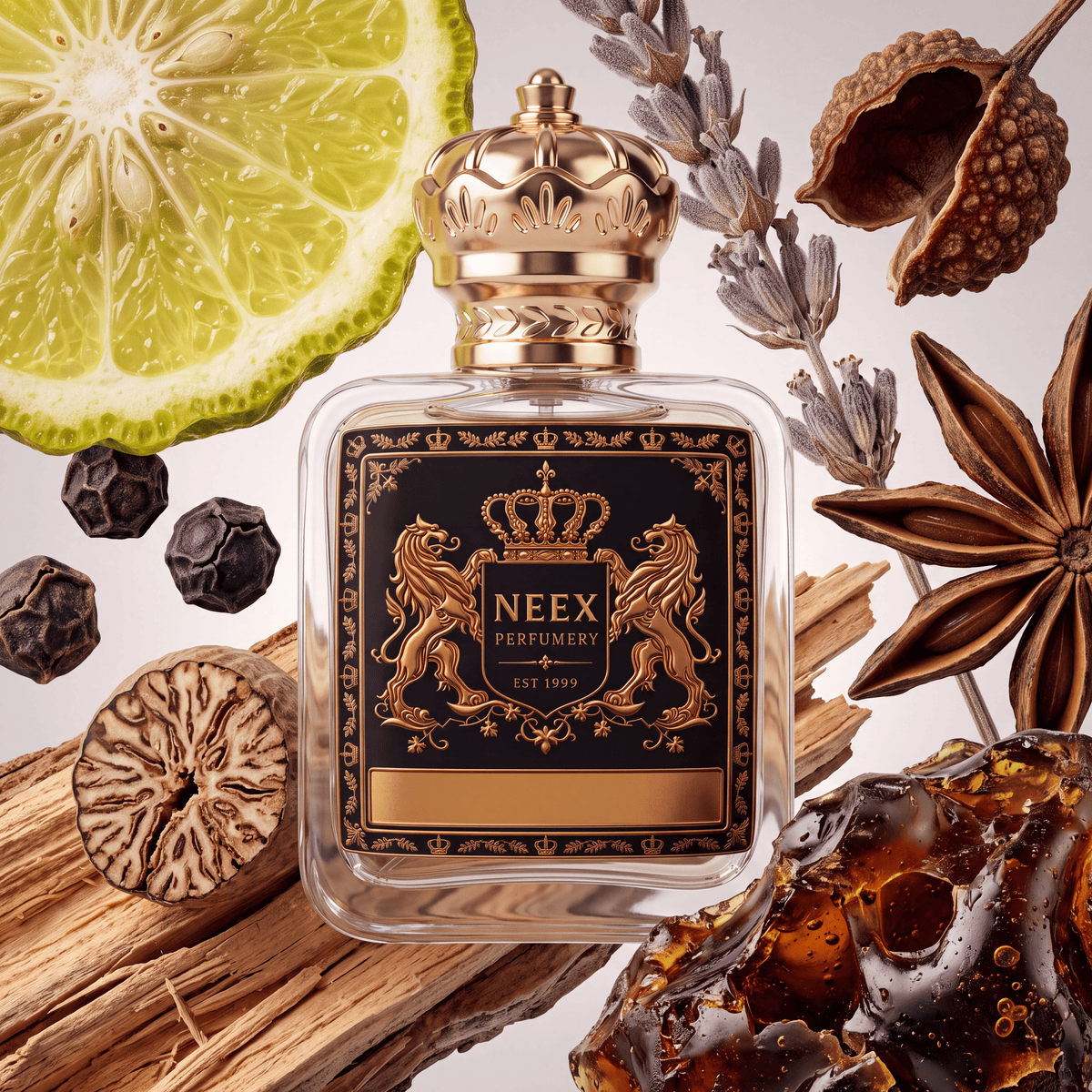Neex Perfumery perfume bottle featuring an ornate gold crown cap and a sleek black crest label with gold metallic detailing, surrounded by dynamic raw fragrance ingredients including a vibrant slice of bergamot citrus, black peppercorns, whole nutmeg, dry aromatic wood chips, dried lavender stems, star anise, and a rich chunk of raw dark amber resin.