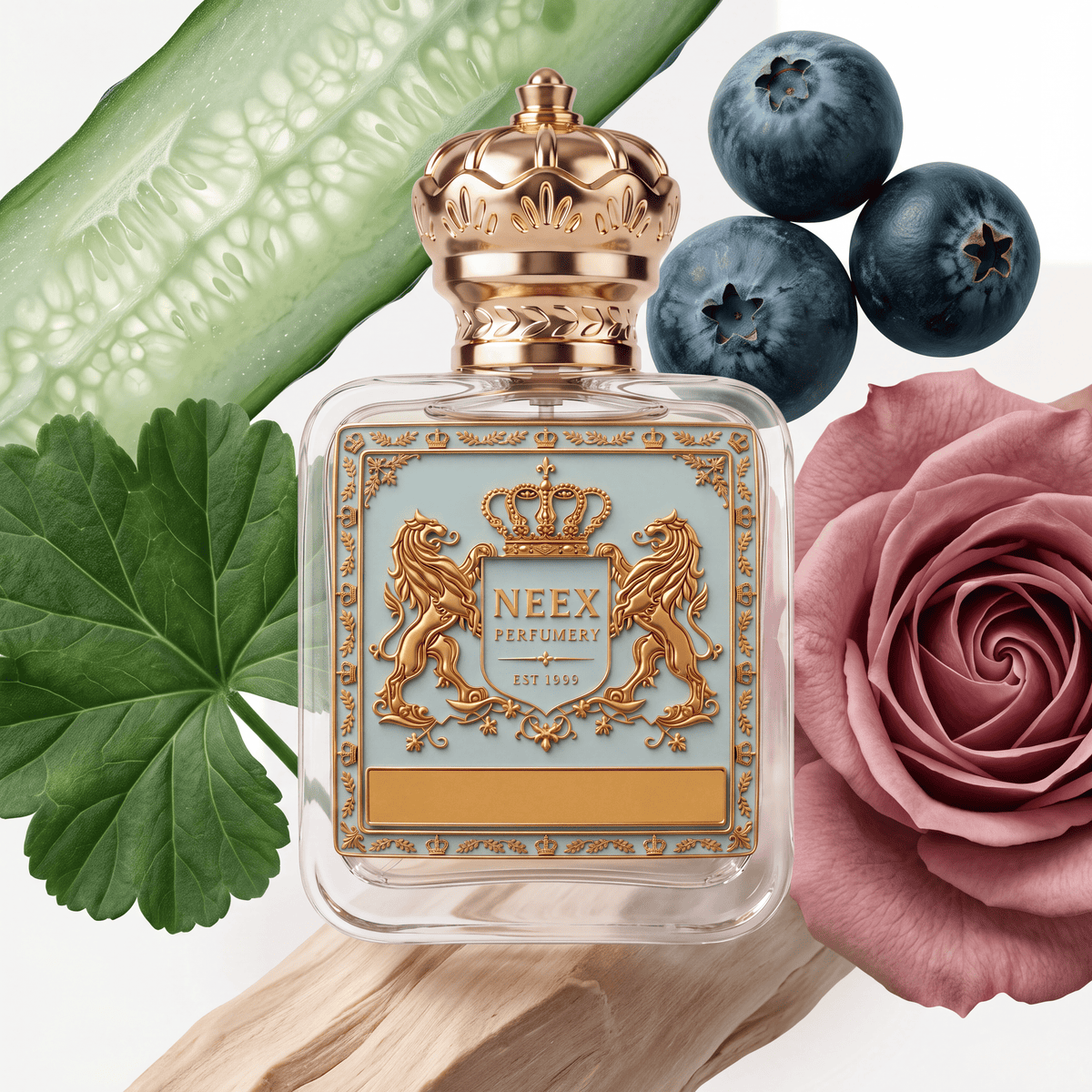 Neex Perfumery perfume bottle featuring an ornate gold crown cap and a light pastel blue crest label with gold metallic detailing, surrounded by accord notes including a dusty mauve-pink rose bloom, three fresh blueberries, a slice of fresh green cucumber, a broad green geranium/botanical leaf, and light weathered drift wood.   