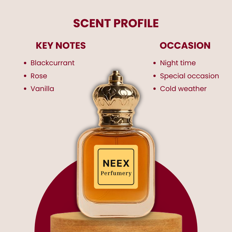 Vibrant fruity-floral fragrance with blackcurrant, rose, and vanilla – bold & passionate.