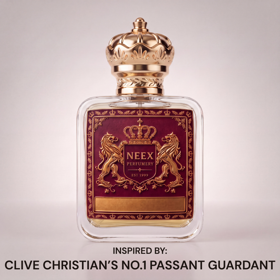 Neex Perfumery perfume bottle featuring an ornate gold crown cap and a deep burgundy red crest label with gold metallic detailing and lions heraldry, set against a clean off-white background with bold text at the bottom reading "INSPIRED BY: CLIVE CHRISTIAN'S NO.1 PASSANT GUARDANT".   