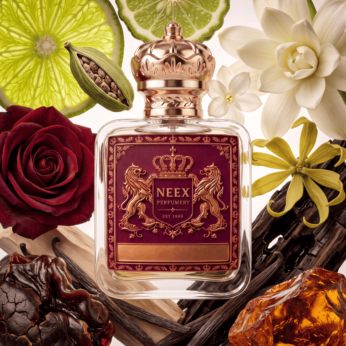 Neex Perfumery perfume bottle featuring an ornate gold crown cap and a deep burgundy crest label with gold metallic heraldry, compositionally styled alongside sliced lime, a green cardamom pod, a velvety dark red rose, delicate jasmine and star-shaped ylang-ylang blossoms, vanilla bean pods, dark labdanum resin, burnt wood, and glowing golden amber.