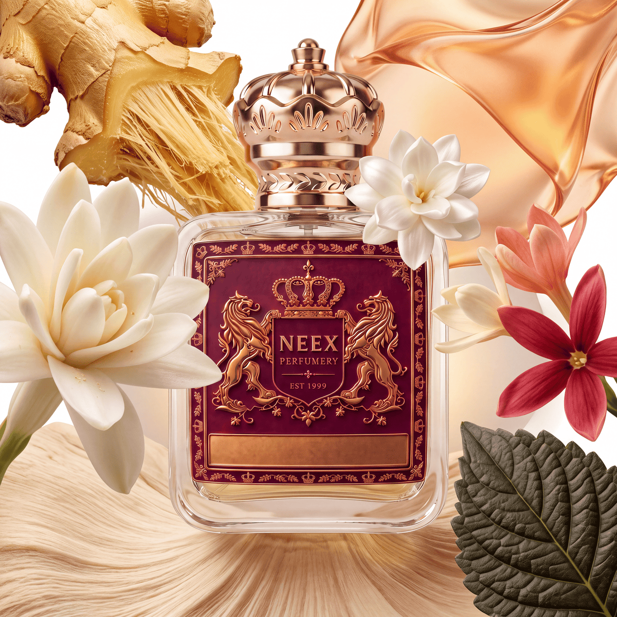 Neex Perfumery perfume bottle topped with an ornate gold crown cap and featuring a deep burgundy-red crest label with gold metallic heraldry, resting on a textured cream base and framed by fresh ginger root, delicate white tuberose, jasmine blossoms, coral and red star flowers, a dark patchouli leaf, and flowing amber silk.   