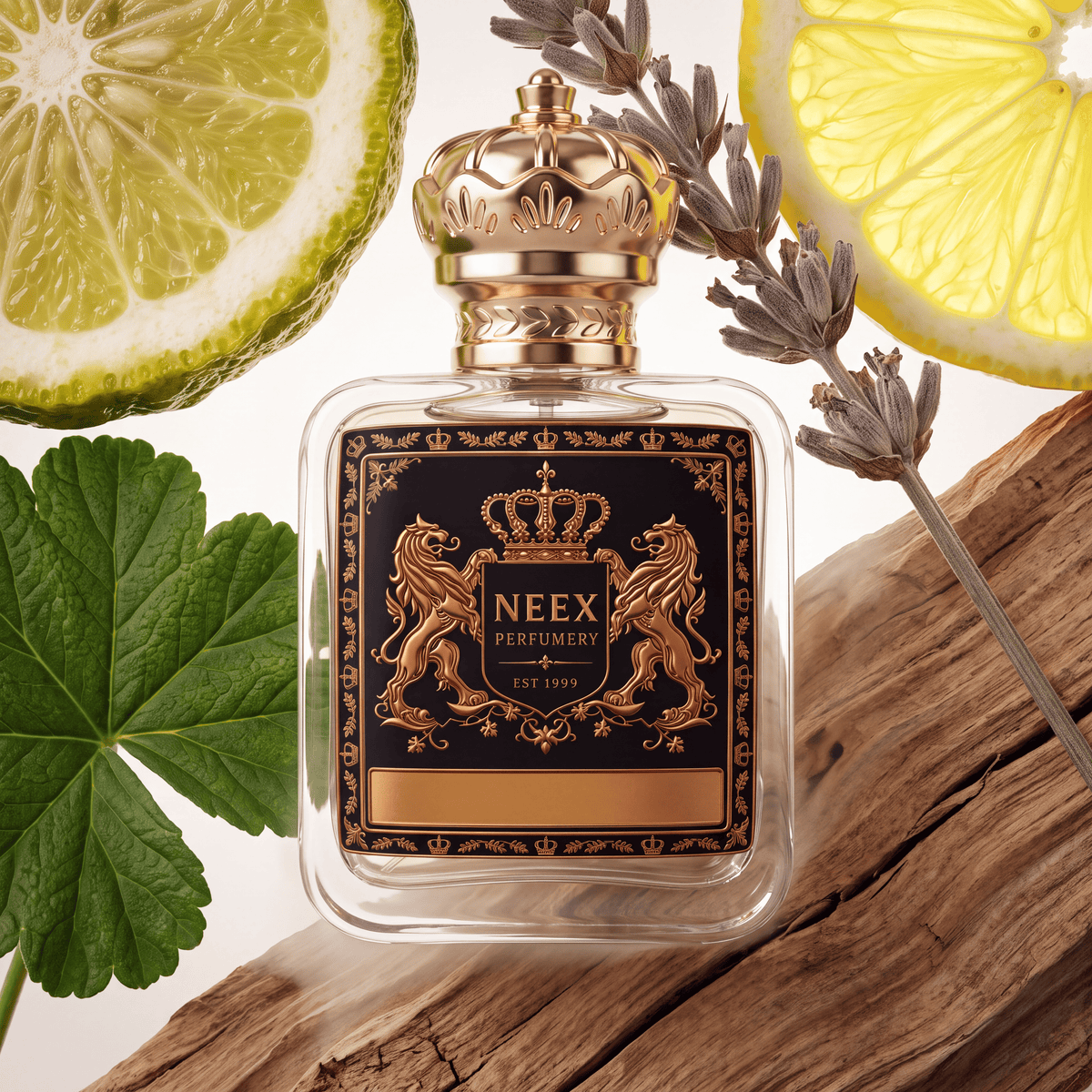 Neex Perfumery perfume bottle featuring an ornate gold crown cap and a dark black crest label with gold metallic heraldry, compositionally styled alongside a fresh bergamot cross-section, a bright lemon slice, a sprig of dried lavender, a green geranium leaf, and weathered wood bark.   