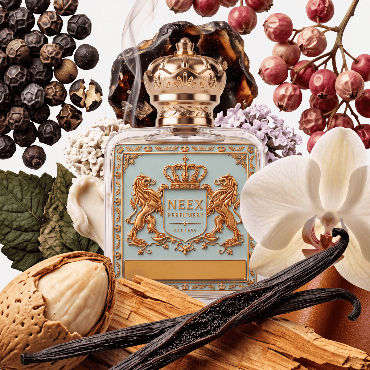 Neex Perfumery fragrance bottle with a light duck-egg blue crest label, styled in an ingredient flat-lay surrounded by black peppercorns, red peppercorn clusters, a white orchid bloom, purple lilac flowers, green leaves, whole almonds in the shell, split vanilla beans, wood slivers, and amber resin with rising wisps of smoke.
