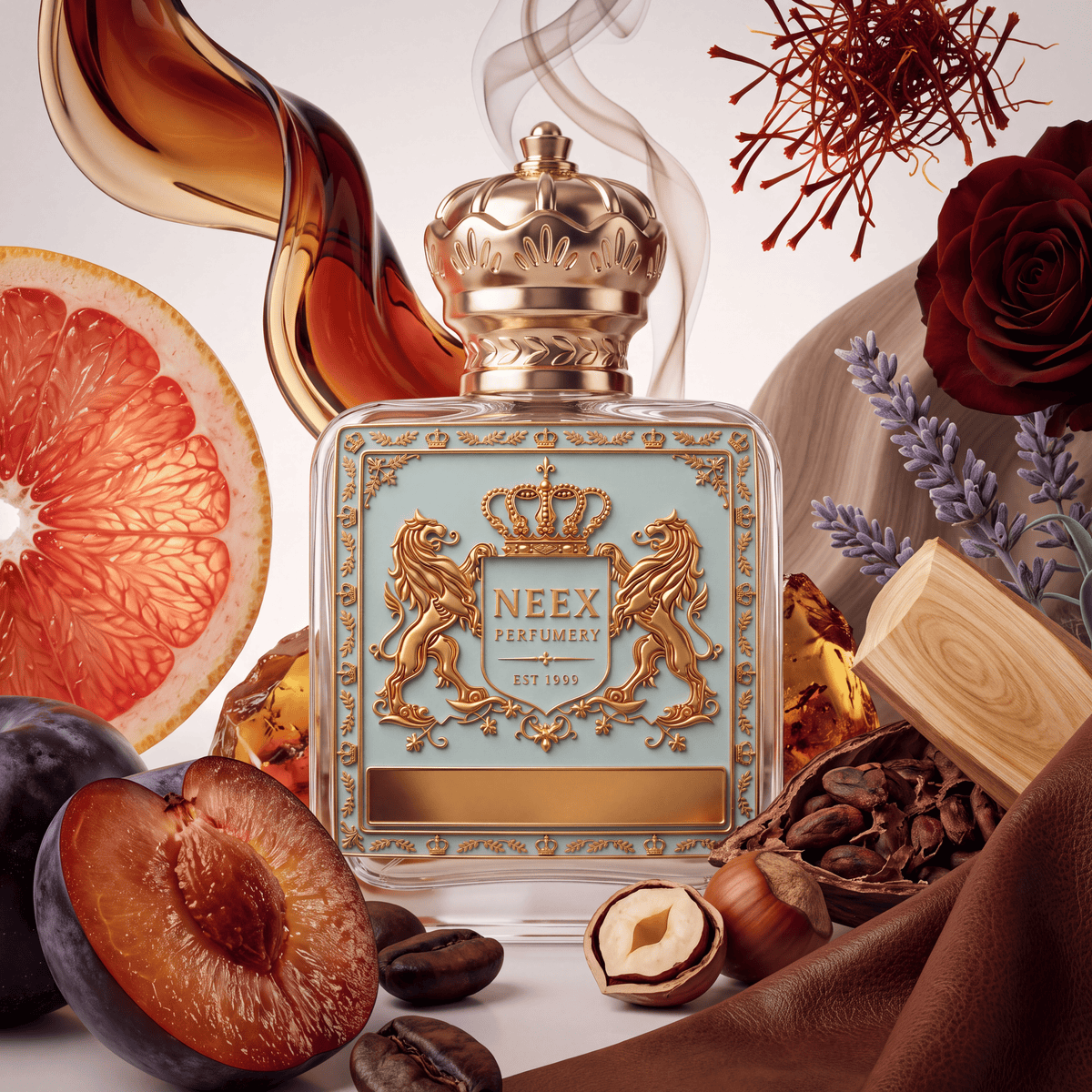 Neex Perfumery fragrance bottle with light duck-egg blue crest label, styled in a rich ingredient flat-lay with sliced ruby grapefruit, dark plums, roasted coffee beans, hazelnuts, cocoa nibs, red rose, lavender sprigs, saffron, amber resin, and leather accents.