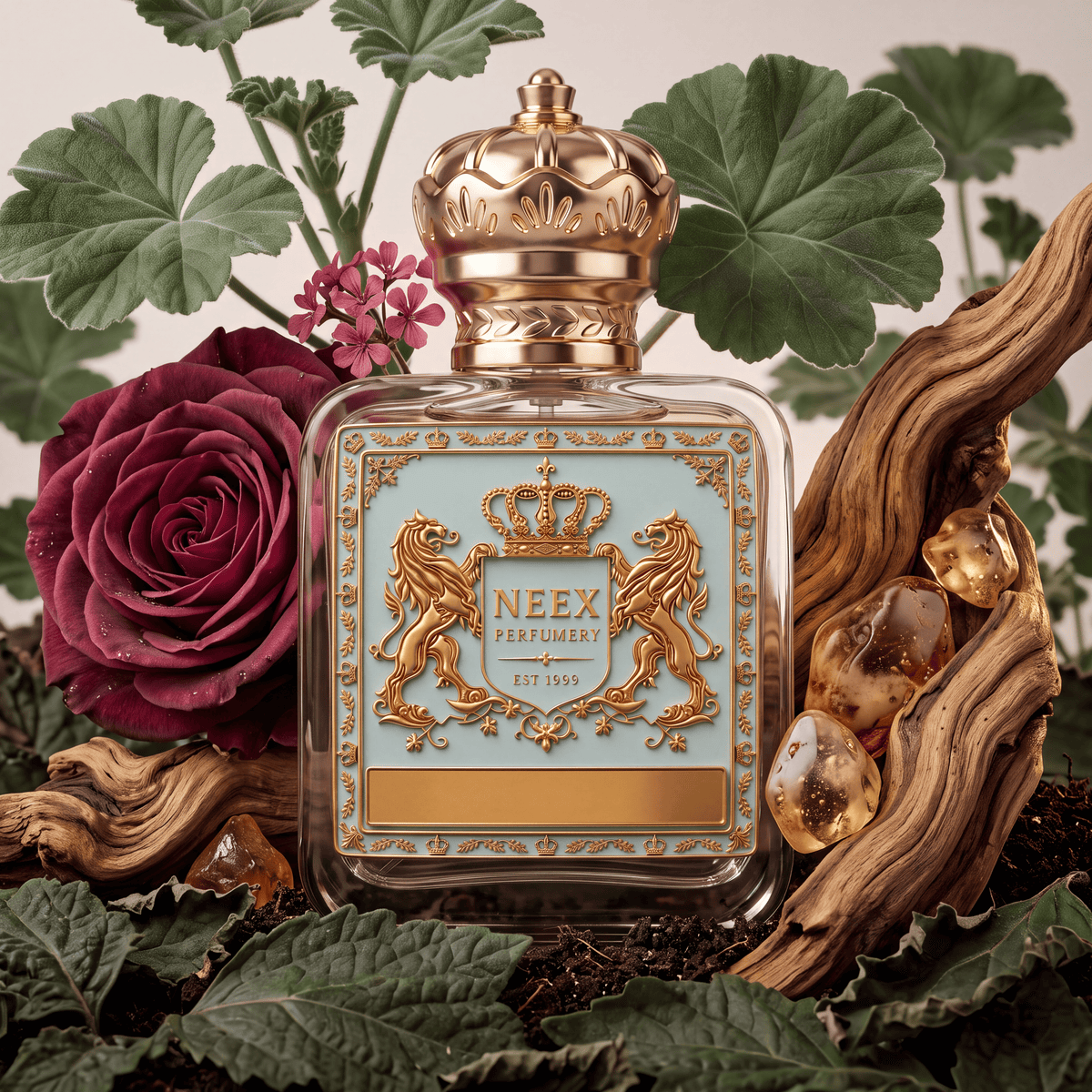 Neex Perfumery fragrance bottle featuring a light duck-egg blue crest label, set in a rustic ingredient composition with a deep red rose, geranium leaves, pink blossoms, glowing amber stones, and gnarled wood roots resting on dark soil.