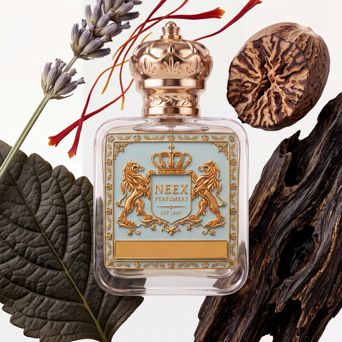 Neex Perfumery perfume bottle featuring an ornate gold crown cap and a light pastel blue crest label with gold metallic heraldry, compositionally styled alongside a dried lavender sprig, delicate red saffron threads, a halved nutmeg seed showing its inner cross-section, a textured dark green leaf with prominent veining, and a rugged piece of dark aged wood.