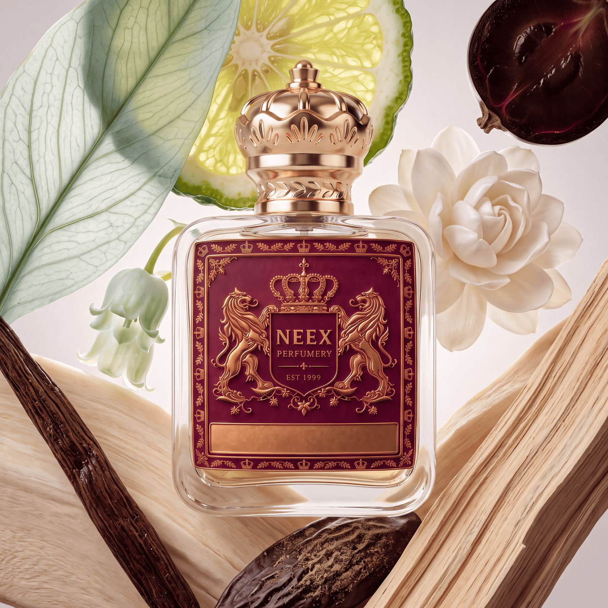 Neex Perfumery perfume bottle topped with an ornate gold crown cap and featuring a deep burgundy-red crest label with gold metallic heraldry, surrounded by a large botanical leaf, a sliced citrus wheel, a dark split fruit, a delicate white lily-of-the-valley, a white floral bloom, pale wood slats, a cured vanilla pod, and a dark textured bean.   