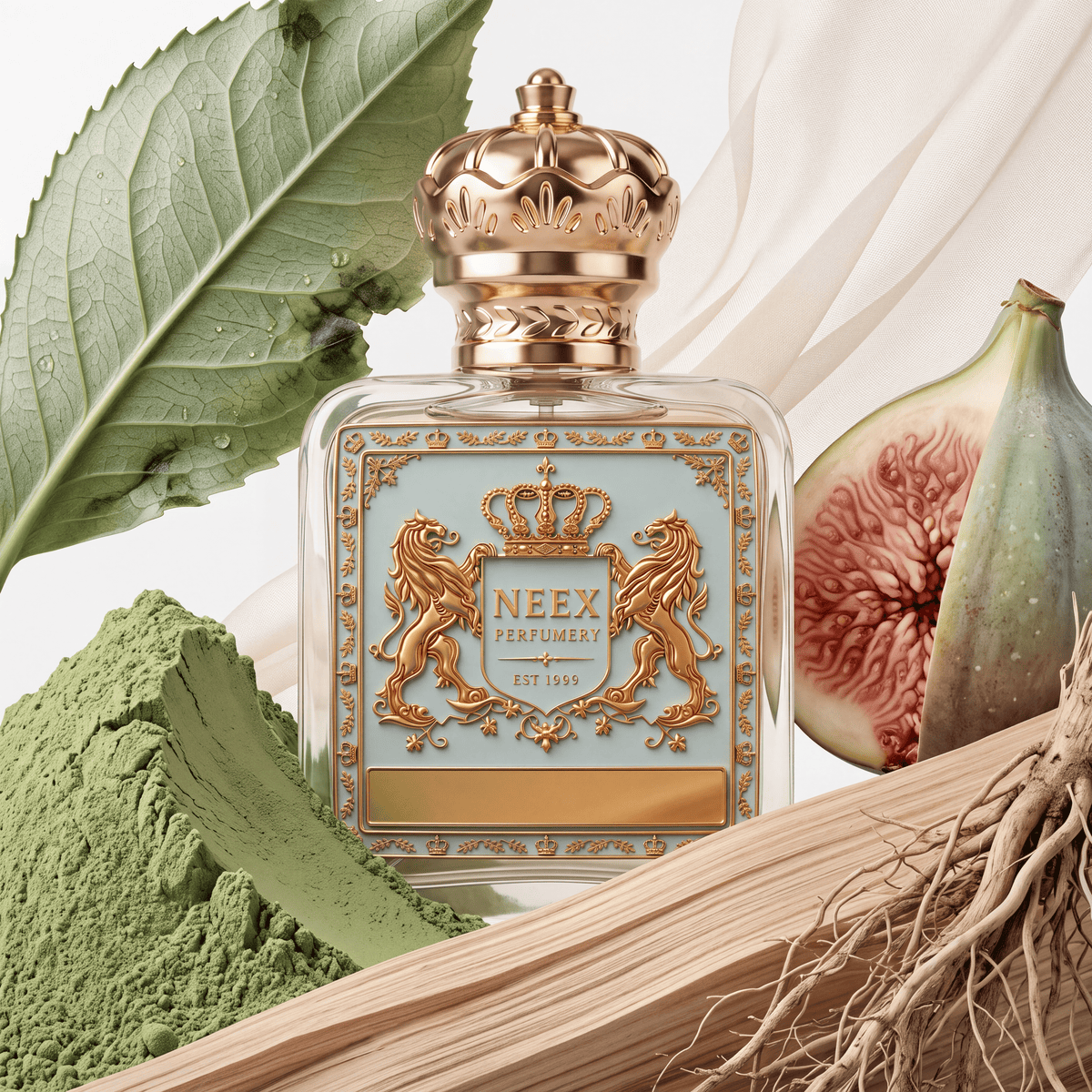 Neex Perfumery perfume bottle featuring an ornate gold crown cap and a light pastel blue crest label with gold metallic detailing, surrounded by a large fresh green leaf with dew drops, sliced fig, matcha powder, vetiver roots, and flowing neutral fabric.
