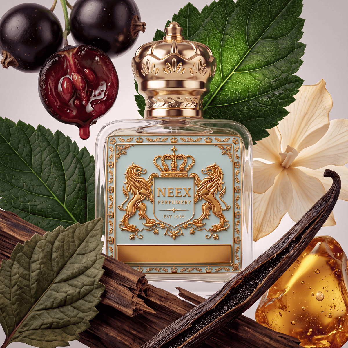 Neex Perfumery perfume bottle featuring an ornate gold crown cap and a light pastel blue crest label with gold metallic detailing, framed by dark cassis berries, textured green leaves, a pale cream-colored blossom, vanilla pods, golden amber resin, and weathered bark.