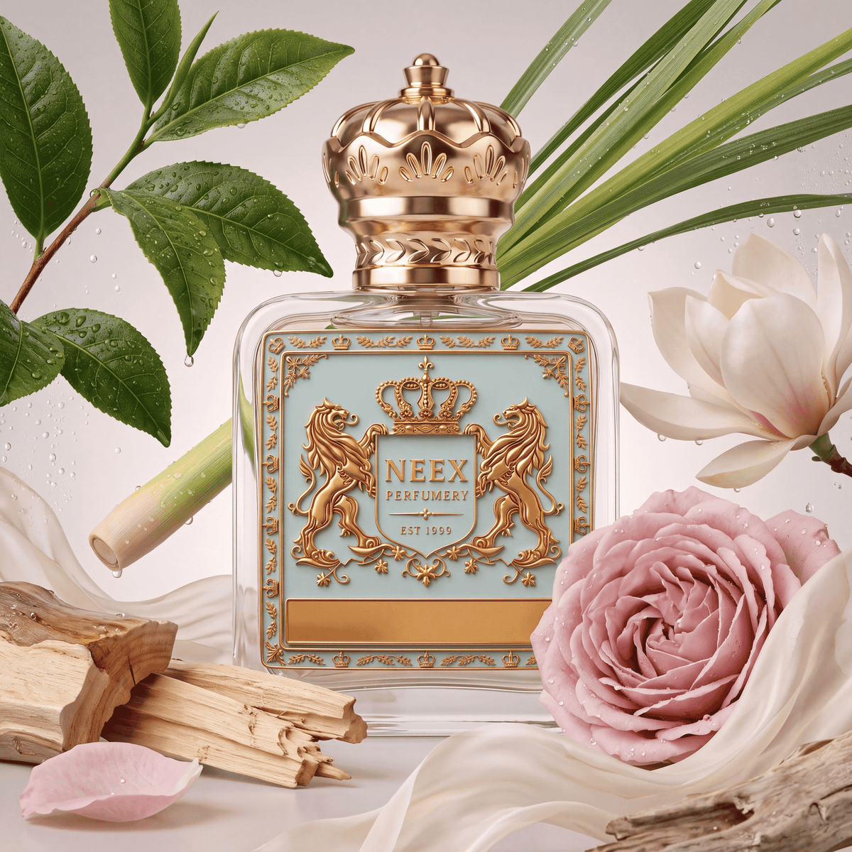 Neex Perfumery fragrance bottle styled in an ingredient flat-lay surrounded by fresh dew-kissed green tea leaves, long lemongrass blades, a large soft pink rose blossom, a white magnolia flower, scattered light pink petals, natural wooden pieces, and fine water droplets on draped white silk fabric.