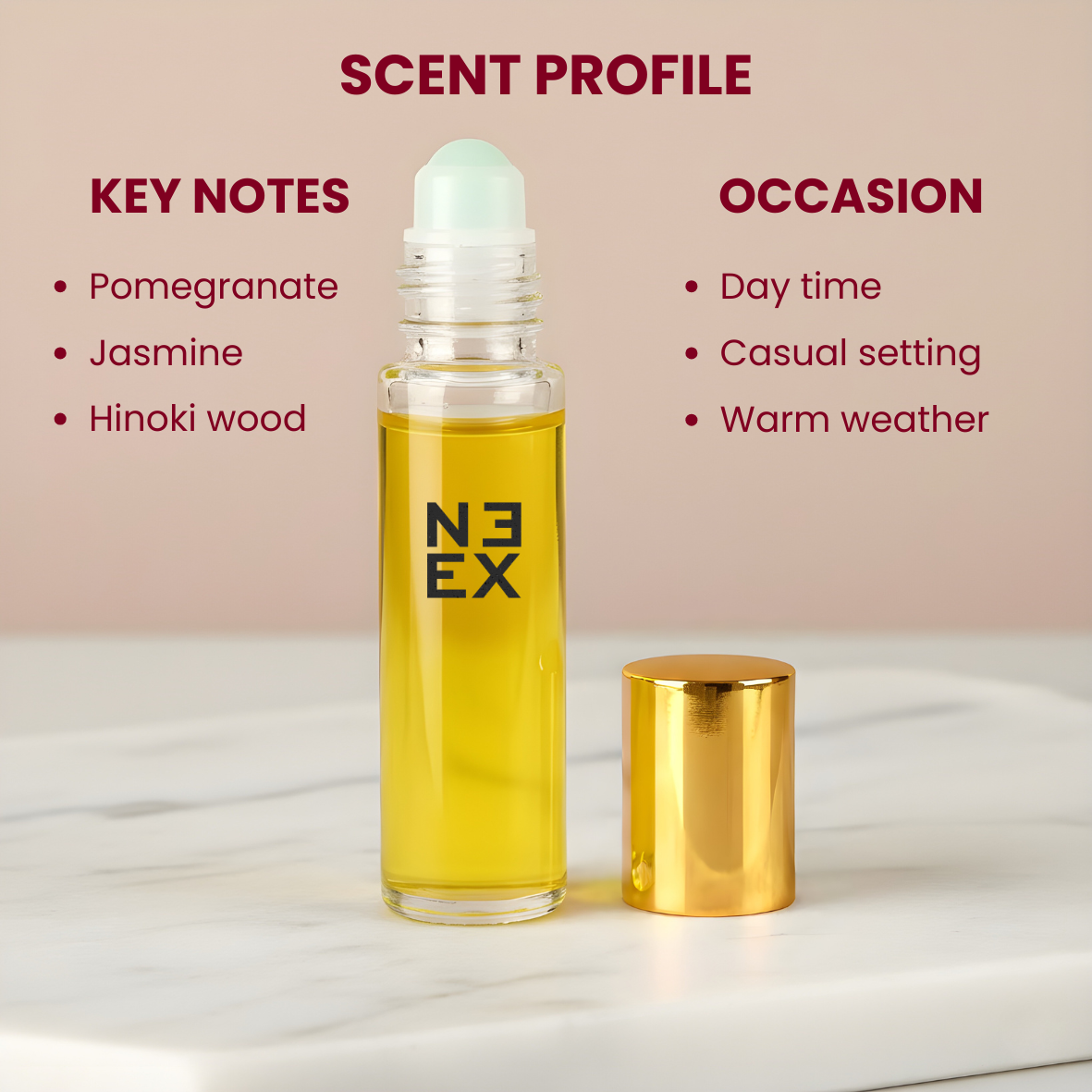 Radiant floral-woody fragrance oil with pomegranate, jasmine, and Hinoki wood – fresh & powerful.