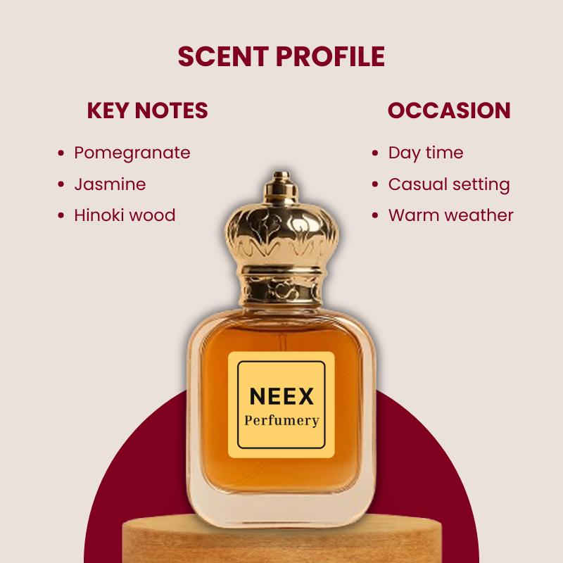 Radiant floral-woody fragrance with pomegranate, jasmine, and Hinoki wood – fresh & powerful.