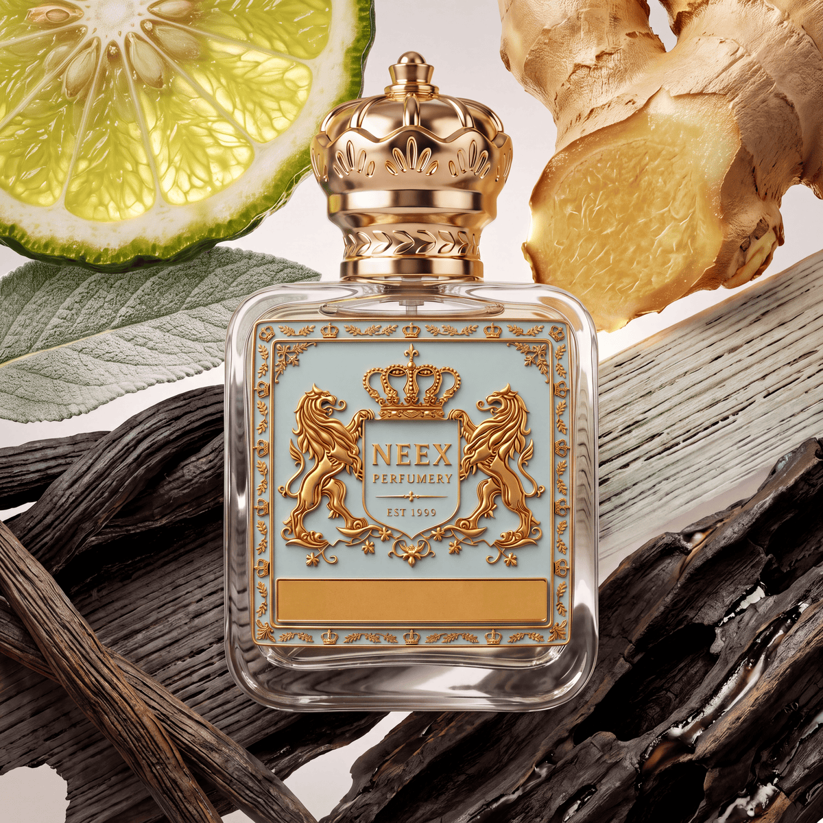 Neex Perfumery perfume bottle featuring an ornate gold crown cap and a light pastel blue crest label with gold metallic heraldry, compositionally styled alongside a fresh slice of bergamot, a fresh piece of knobby ginger root, a pale green sage leaf, dark vanilla bean pods, light weathered wood, and dark aged bark.