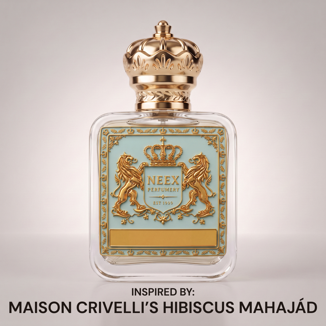 Neex Perfumery perfume bottle featuring an ornate gold crown cap and a light pastel blue crest label with gold metallic detailing, centered against a seamless studio background with text reading "INSPIRED BY: MAISON CRIVELLI'S HIBISCUS MAHAJÁD".