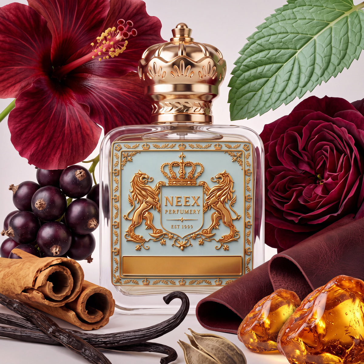 Neex Perfumery perfume bottle featuring an ornate gold crown cap and a light pastel blue crest label with gold metallic detailing, surrounded by a deep red hibiscus flower, dark purple cassis berries, cinnamon sticks, vanilla beans, a red rose, rolled leather, amber resin, and a fresh green leaf.
