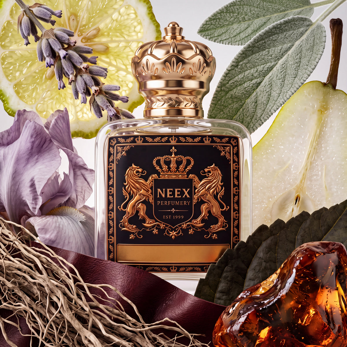 Neex Perfumery perfume bottle featuring an ornate gold crown cap and a sleek black crest label with gold metallic detailing, surrounded by lush raw ingredients including a juicy slice of green pear, a vibrant bergamot citrus wheel, sprigs of lavender, velvety purple iris petals, soft sage leaves, dry vetiver roots, rich dark leather, and a glowing piece of translucent amber resin.   
