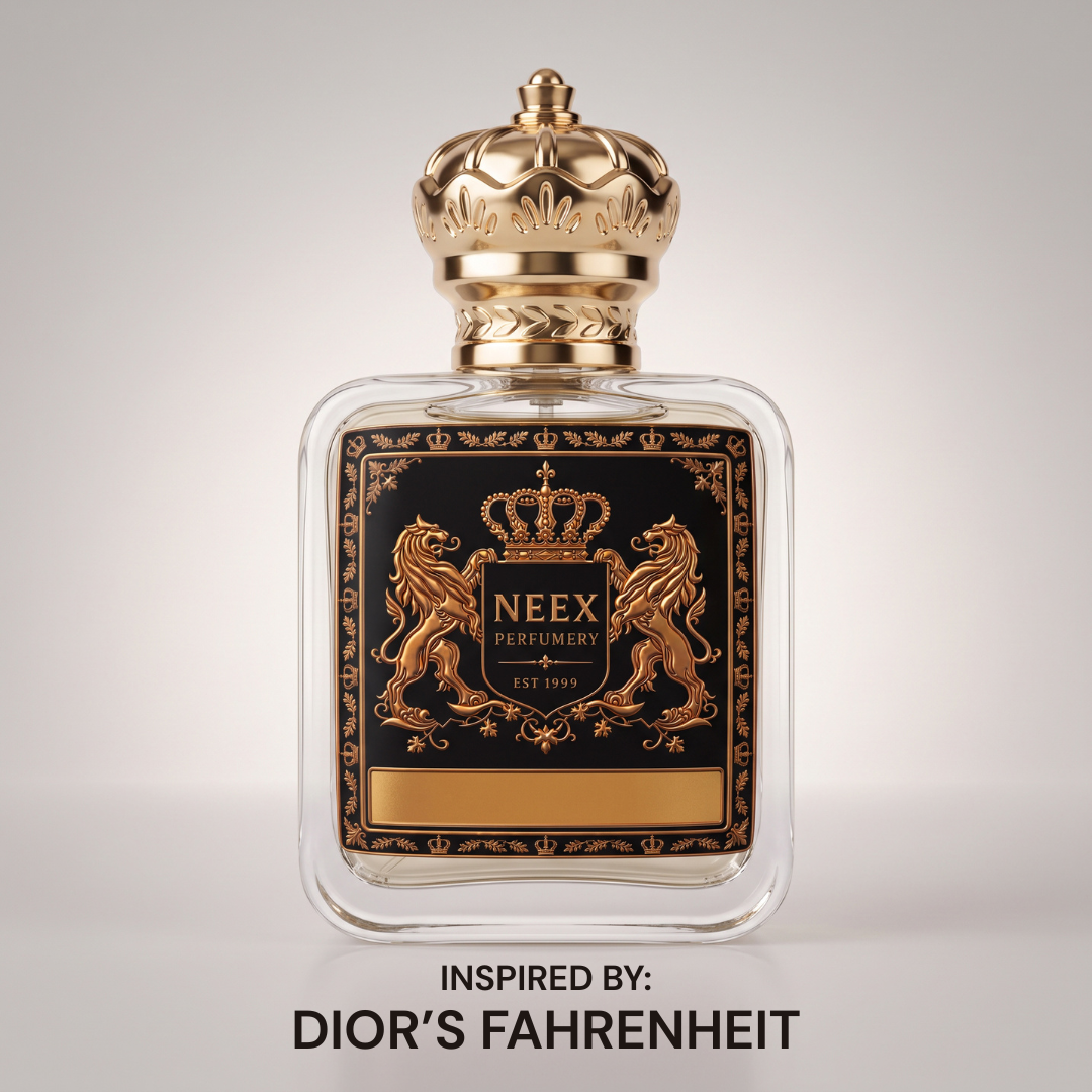 Neex Perfumery perfume bottle featuring an ornate gold crown cap and a classic black crest label with gold metallic detailing, centered against a seamless studio background with text reading "INSPIRED BY: DIOR'S FAHRENHEIT".   