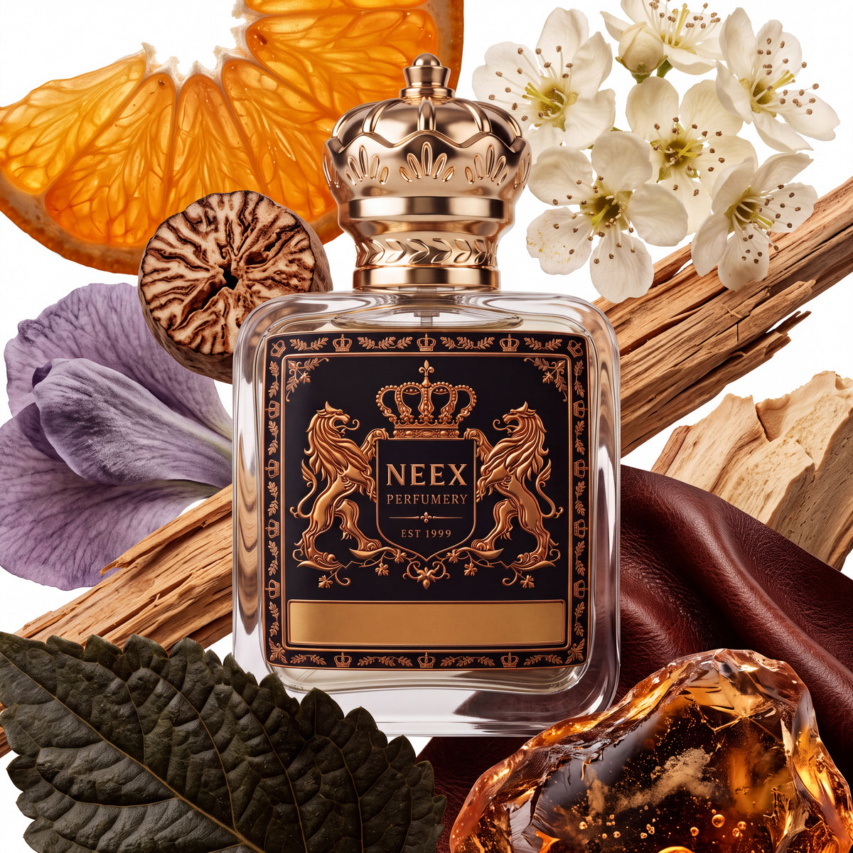Neex Perfumery perfume bottle featuring an ornate gold crown cap and a sleek black crest label with gold metallic detailing, surrounded by rich aromatic ingredients including a sliced citrus orange, a whole nutmeg seed, delicate white blossoms, soft purple iris petals, dark folded leather, textured wood chips, a dark ribbed leaf, and translucent golden amber resin.