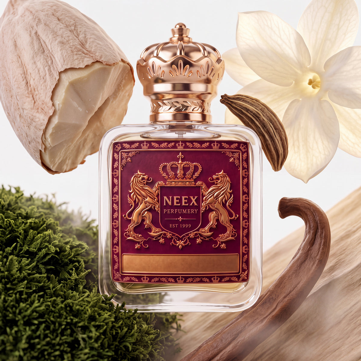 Neex Perfumery perfume bottle featuring an ornate gold crown cap and a rich deep magenta crest label with gold metallic detailing, surrounded by rich tactile ingredients including a cracked nut shell showing pale solid butter or tallow, a large white blossom, a cardamom pod, lush green moss, and a smooth curved wooden branch.   