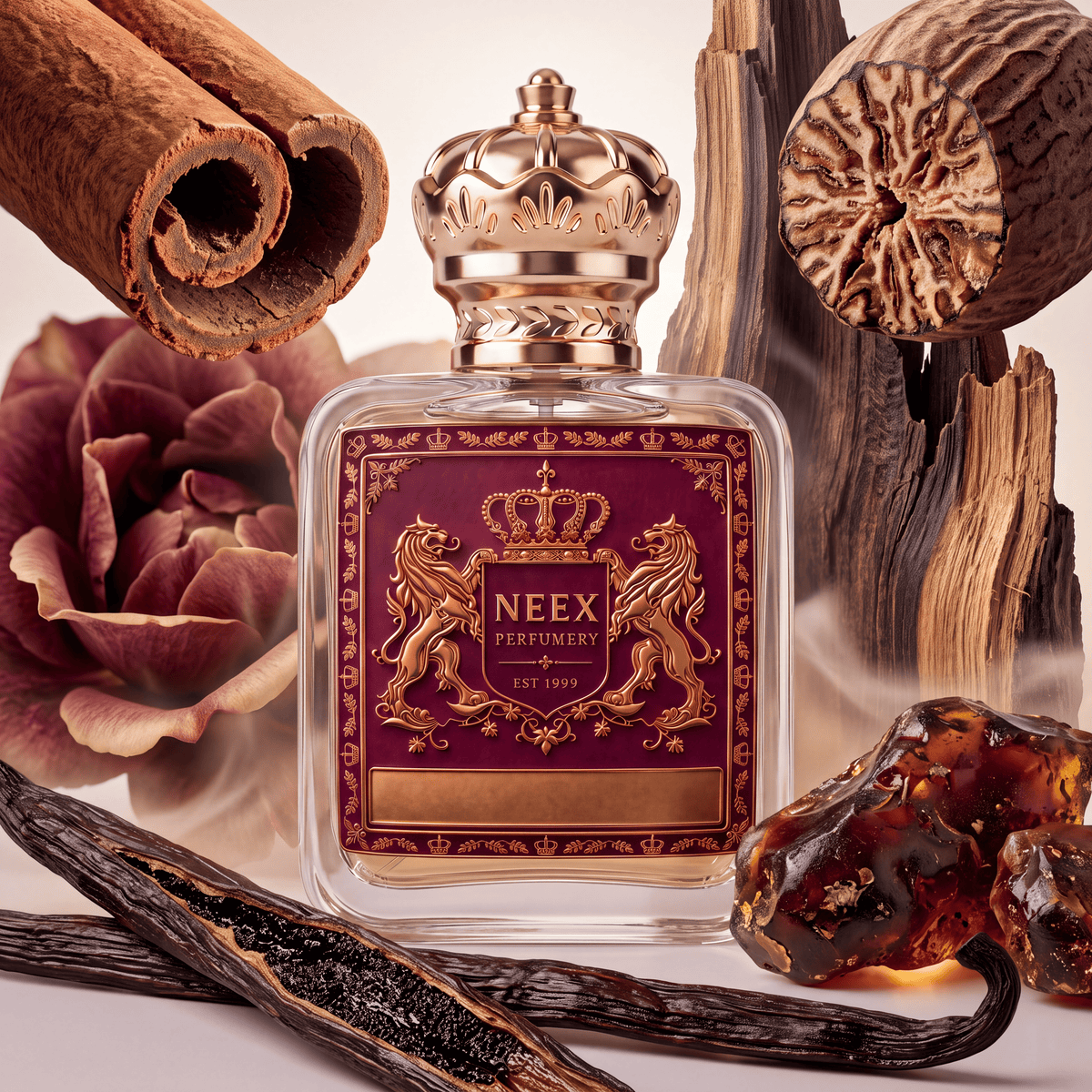 Neex Perfumery fragrance bottle with a deep maroon crest label, styled in an ingredient flat-lay with large cinnamon rolls, whole nutmeg, a soft dusky rose, rustic dark wood, golden amber nuggets, and split vanilla pods.