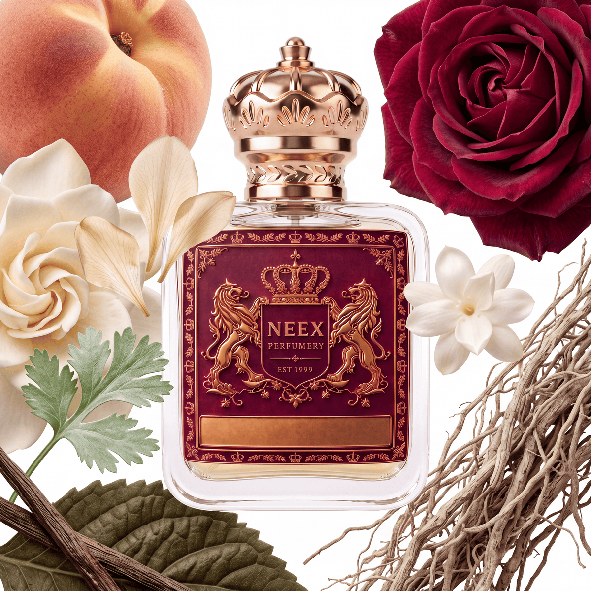 Neex Perfumery perfume bottle topped with an ornate gold crown cap and featuring a deep burgundy-red crest label with gold metallic heraldry, surrounded by a ripe peach, a deep crimson rose bloom, cream gardenia petals, a green coriander leaf, vanilla pods, a delicate white jasmine flower, and natural vetiver roots.   