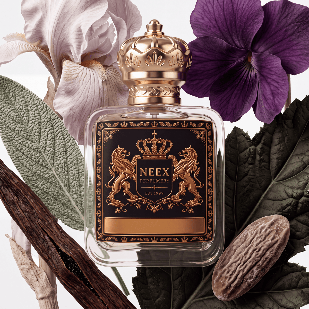 Neex Perfumery perfume bottle topped with an ornate gold crown cap and featuring a black crest label with gold metallic heraldry, surrounded by a pale iris flower, a deep purple blossom, a sage leaf, dark textured foliage, a split vanilla pod, and a whole nutmeg seed.   
