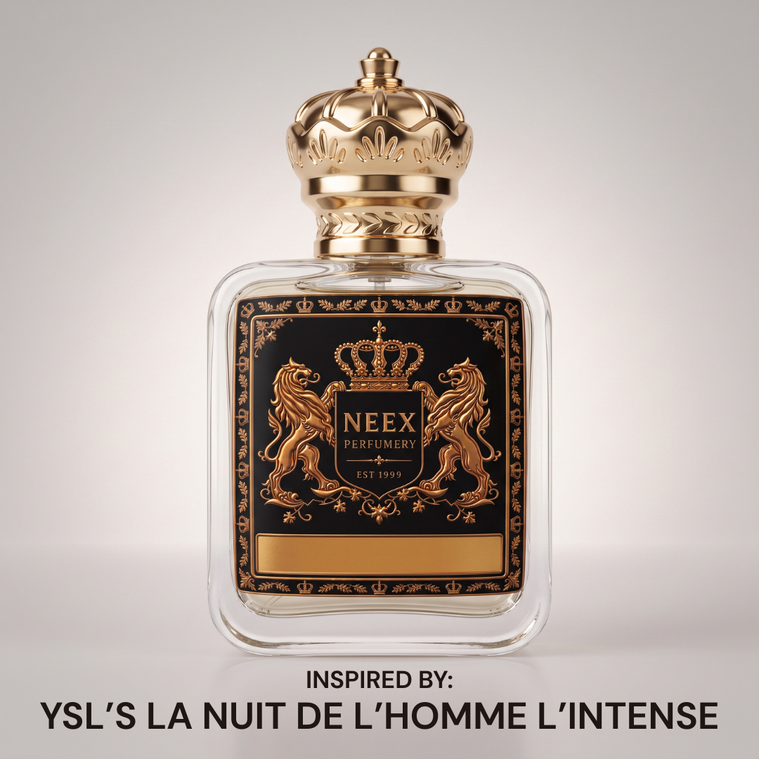 Neex Perfumery perfume bottle featuring an ornate gold crown cap and a dark black crest label with gold metallic heraldry, set against a clean studio gradient background with the text overlay "INSPIRED BY: YSL'S LA NUIT DE L'HOMME L'INTENSE" centered below.   