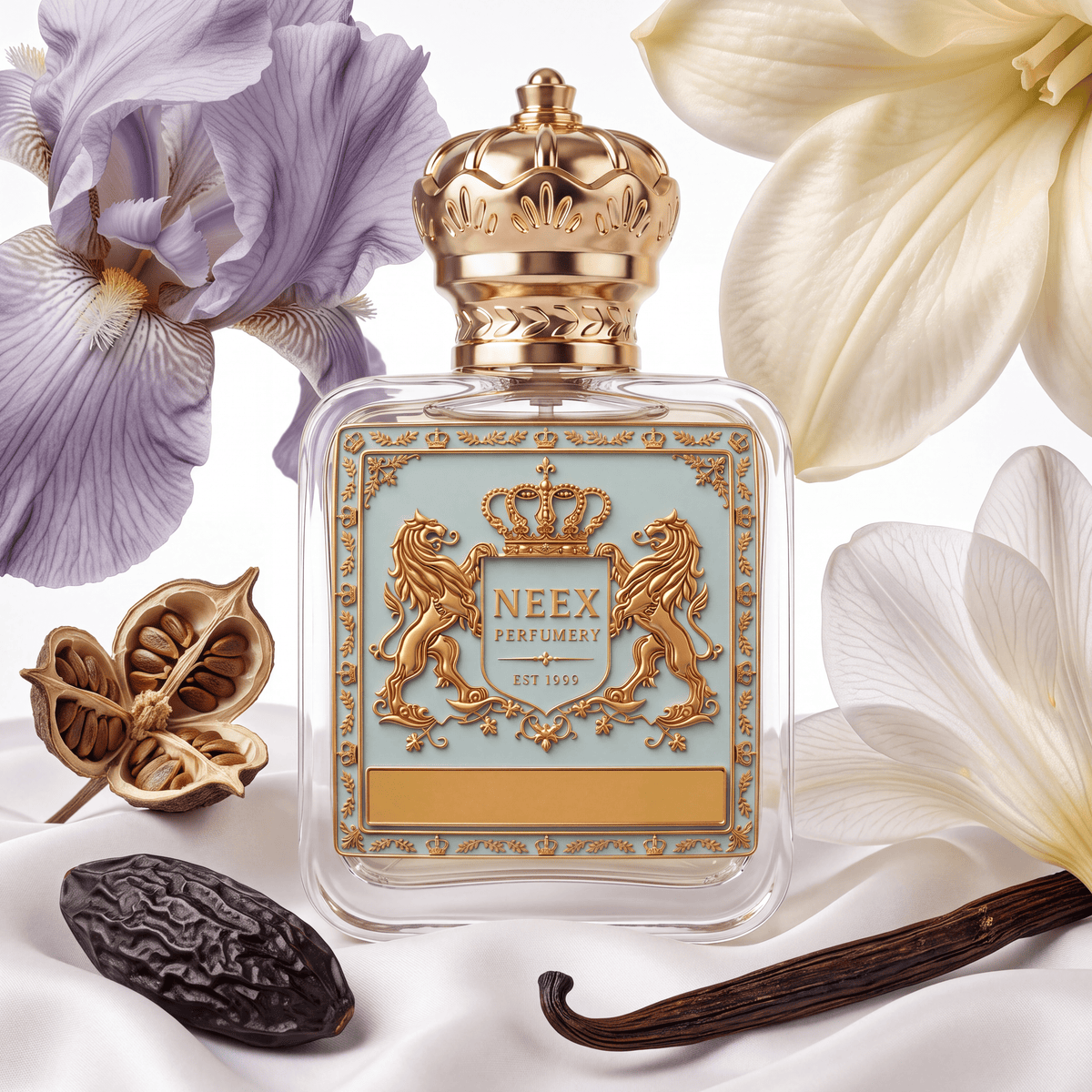 Neex Perfumery perfume bottle featuring an ornate gold crown cap and a light pastel blue crest label with gold metallic detailing, surrounded by accord notes including a soft lavender/purple iris blossom, a cream-colored lily or orchid, a white jasmine blossom, a dark wrinkled tonka bean, a curved dried vanilla pod, and an open seed pod, all resting over draped white silk.