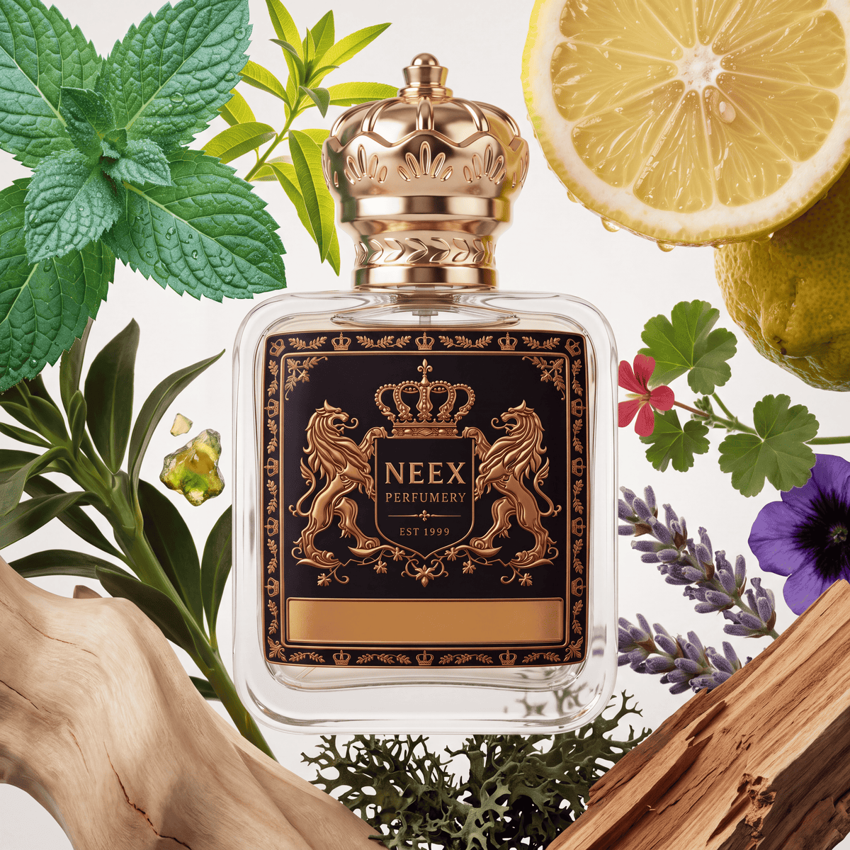 Neex Perfumery fragrance bottle with a black and gold crest label, styled in an ingredient flat-lay framed by vibrant green mint leaves, lemon slices, sprigs of purple lavender and violet flowers, small pink geraniums, oakmoss, galbanum stems, and weathered driftwoods.
