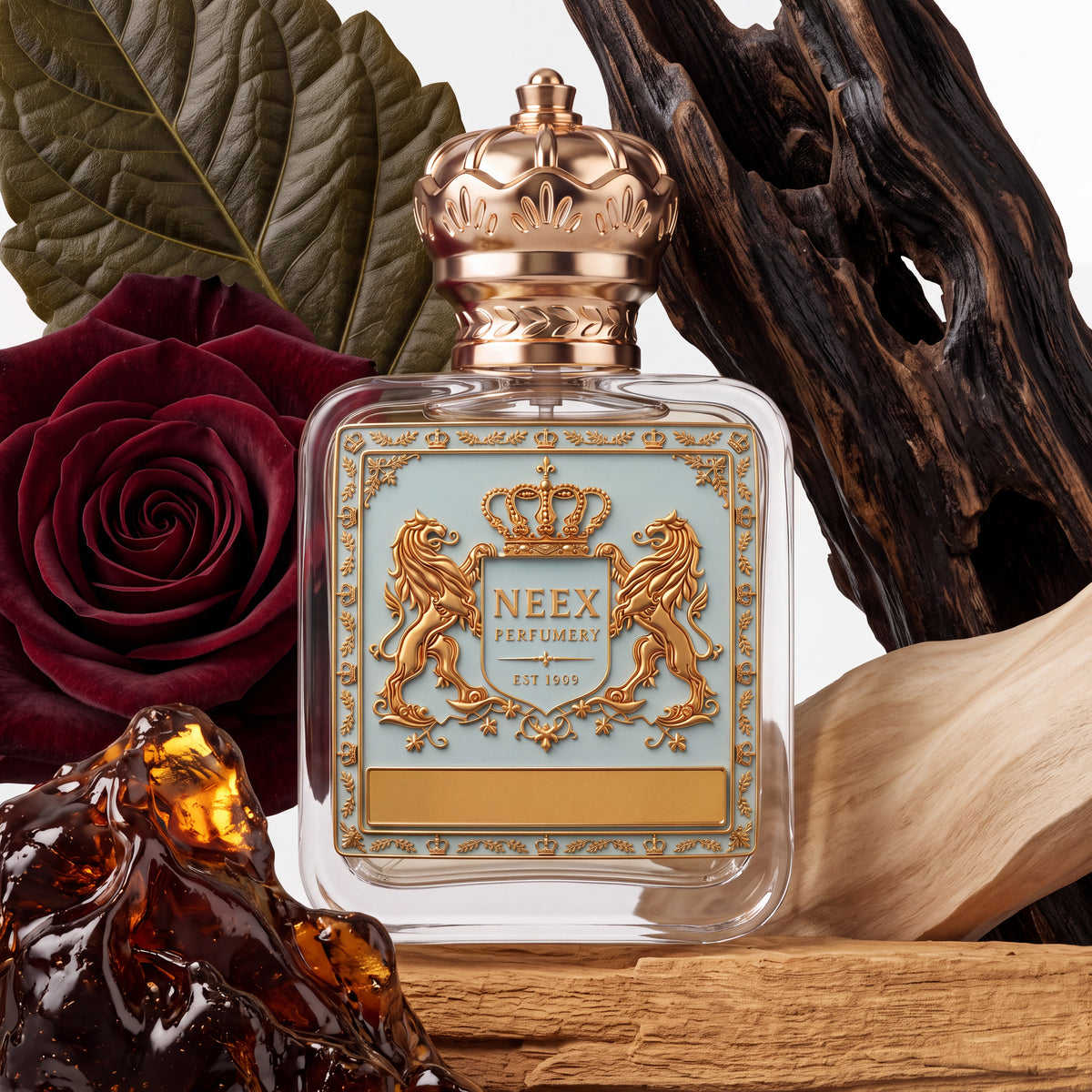 Neex Perfumery perfume bottle featuring an ornate gold crown cap and a light pastel blue crest label with gold metallic detailing, surrounded by opulent raw fragrance elements including a deep crimson red rose blossom, a broad green leaf, gnarled dark agarwood, smooth pale wood, and a glossy, translucent piece of golden amber resin.