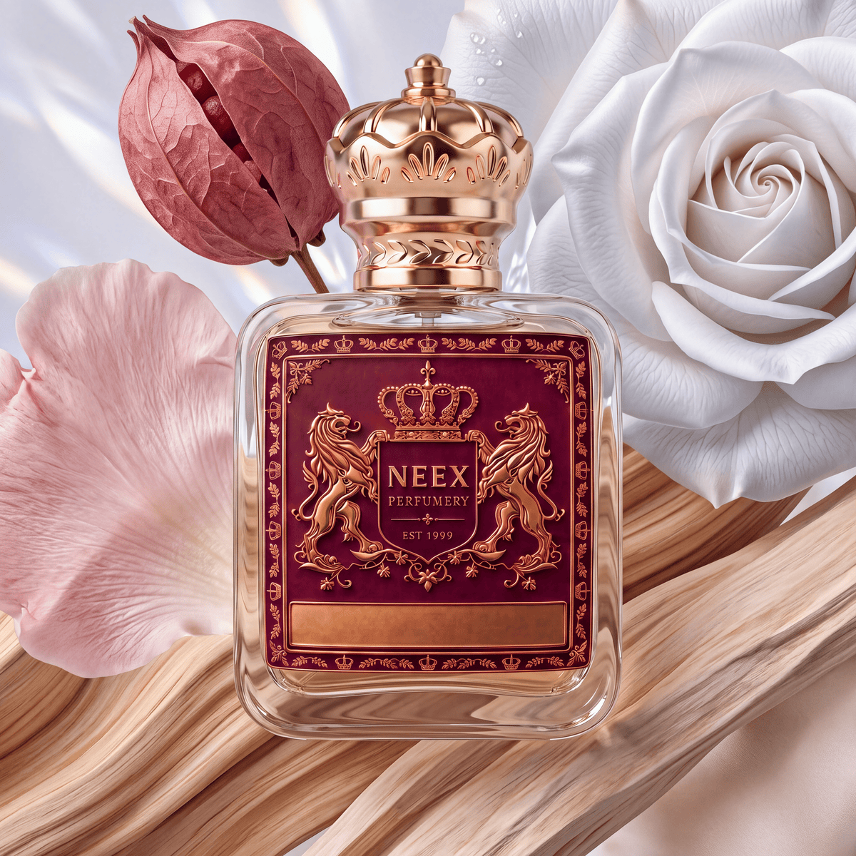 Neex Perfumery perfume bottle topped with an ornate gold crown cap and featuring a deep burgundy-red crest label with gold metallic heraldry, surrounded by a reddish-brown botanical pod, a soft pink petal, pale wood slats, and a pristine white rose bloom.   