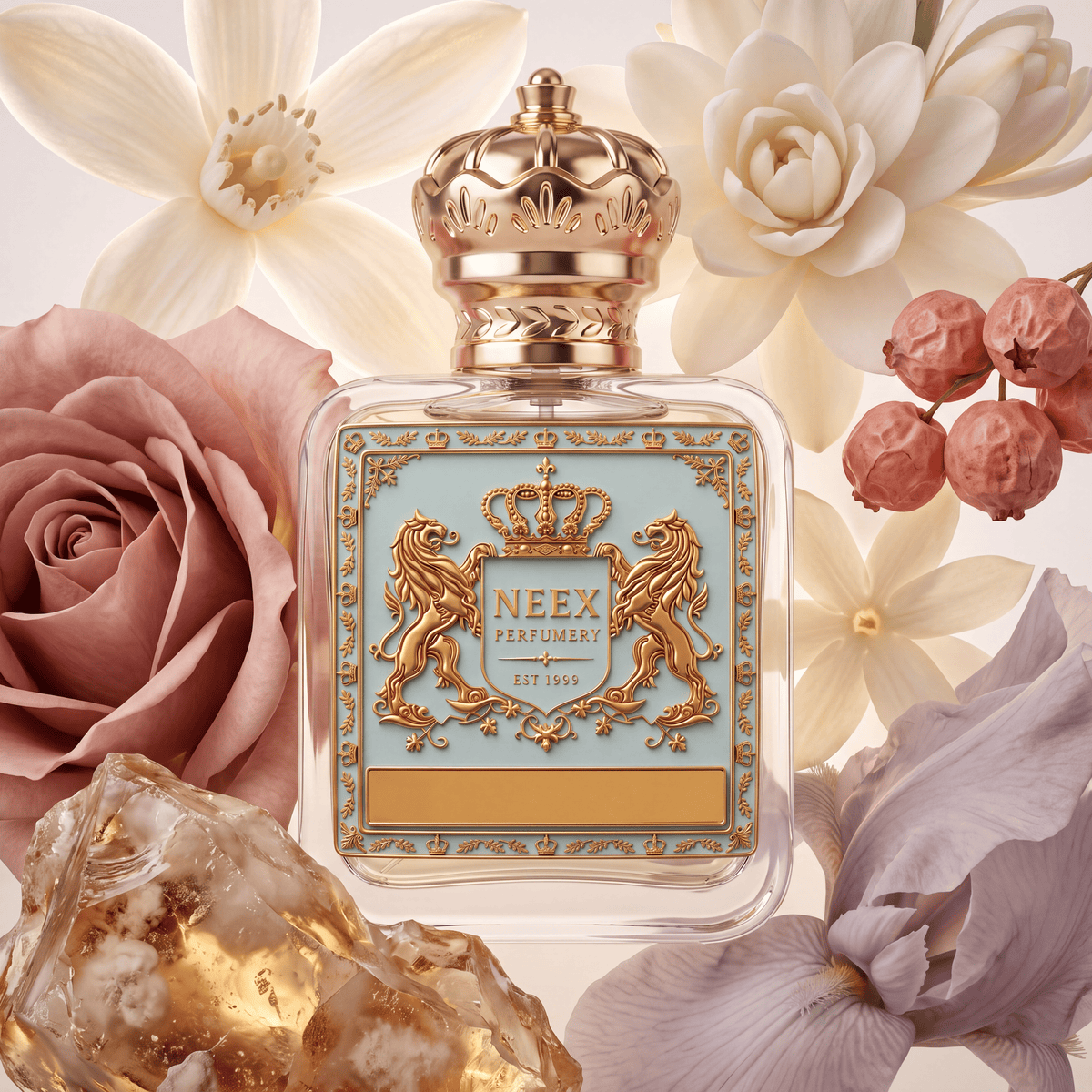 Neex Perfumery perfume bottle featuring an ornate gold crown cap and a light pastel blue crest label with gold metallic detailing, surrounded by creamy white jasmine blossoms, a lush dusty pink rose, a cluster of pink pepper berries, a soft lavender iris flower, and raw golden amber crystal over a warm ivory background.
