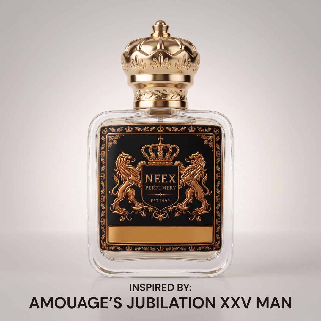 Neex Perfumery Neex Jubilee perfume bottle with gold crown cap, inspired by Amouage's Jubilation XXV Man fragrance.