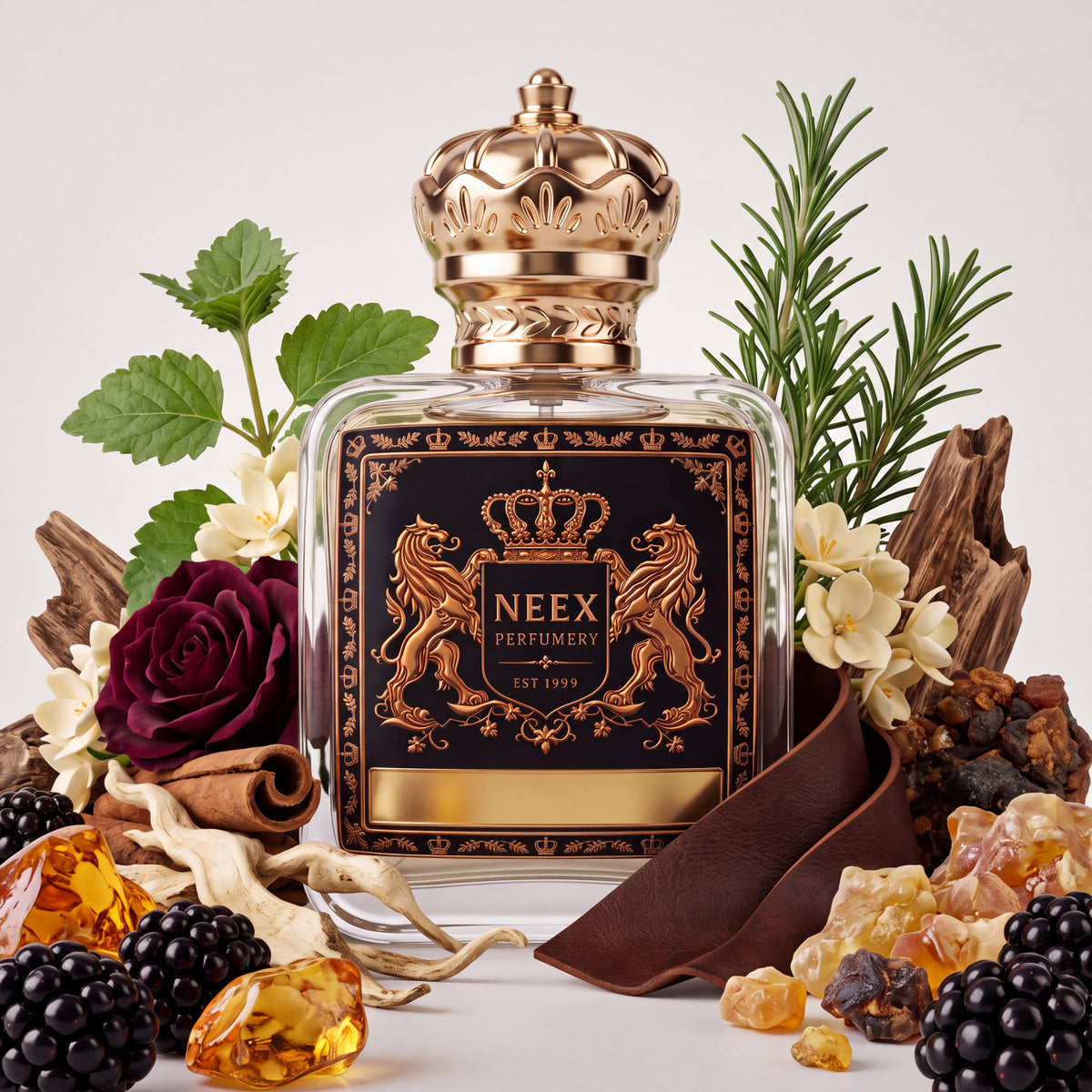 Neex Jubilee fragrance bottle surrounded by raw notes of fresh blackberries, rolled cinnamon sticks, dark red roses, fresh green mint, rosemary sprigs, white blossoms, agarwood pieces, dark leather ribbon, amber resin chunks, and frankincense tears.